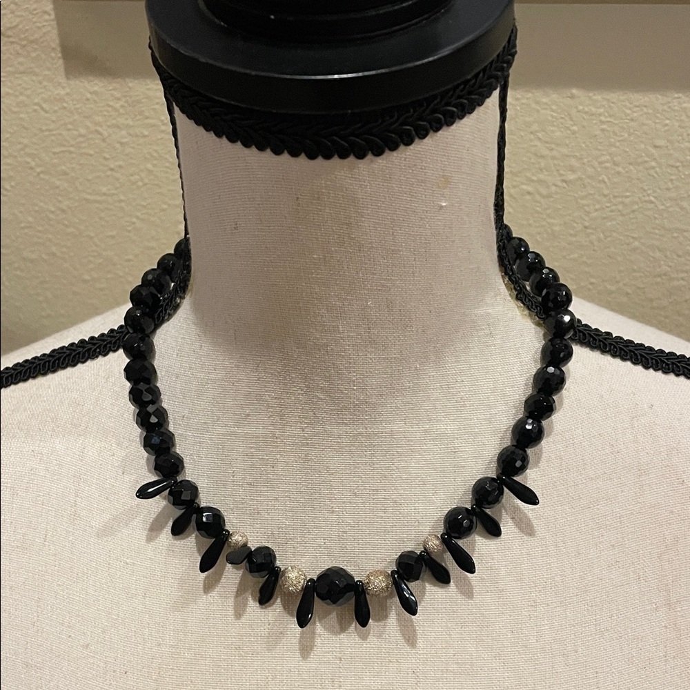 Vintage Black Onyx Bead & Silver Sparkle 925 Silver Choker Necklace